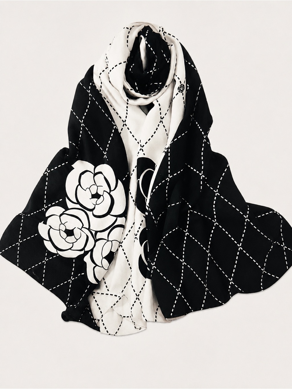 Black & White Art Deco  Silky Scarf with Flower Detail